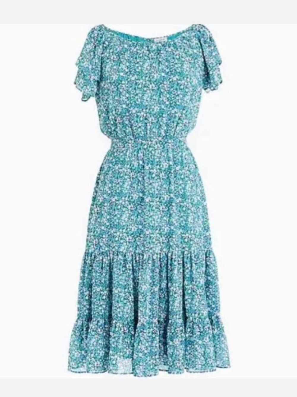 J. Crew Midi Dress Women’s Size 4 Teal Floral Tiered Dress Flutter Sleeves